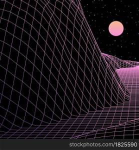 Landscape with wireframe grid of 80s styled retro computer game or science inspired background 3d structure with sun and mountains or hills