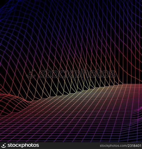 Landscape with wireframe grid of 80s styled retro computer game or science inspired background 3d structure with heat map colors and mountains or hills