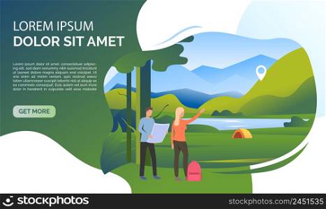 Landscape, woman, man, backpack, map and sample text. Tourism, travel, holiday concept, presentation slide template. Can be used for topics like nature, vacation, summer. Landscape, woman, man, backpack, map and sample text