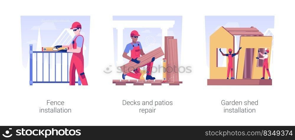 Landscape works in private house building isolated concept vector illustration set. Fence installation, decks and patios repair, garden shed assembling, backyard maintenance vector cartoon.. Landscape works in private house building isolated concept vector illustrations.