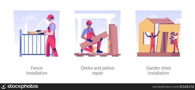 Landscape works in private house building isolated concept vector illustration set. Fence installation, decks and patios repair, garden shed assembling, backyard maintenance vector cartoon.. Landscape works in private house building isolated concept vector illustrations.