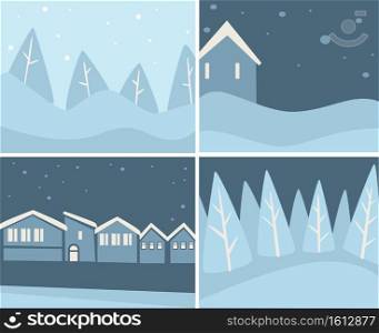 Landscapes and cityscapes with snowfall and snowflakes. Forests and buildings covered with snow. Blizzard in town or village, snowstorm scenery. Skylines on christmas time, vector in flat style. Wintertime scenery set, landscapes and cityscapes with snowflakes vector