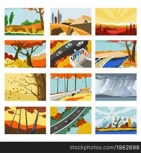 Landscapes, cities and parks with trees, autumn scenes. Forest or woods with foliage and flora, road with cars and mountains with heavy rain. Sunset in valley, lake view. Vector in flat style. Autumn landscapes, cities and parks with trees