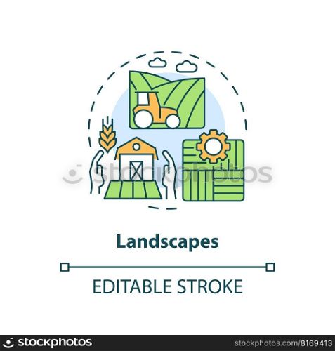 Landscapes concept icon. Reversing biodiversity loss. Agriculture policy objective abstract idea thin line illustration. Isolated outline drawing. Editable stroke. Arial, Myriad Pro-Bold fonts used. Landscapes concept icon