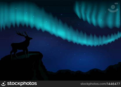 Landscapes northern lights in the starry sky and with silhouette of deer on mountains. vector eps10. Landscapes northern lights in the starry sky and with silhouette of deer on mountains. vector