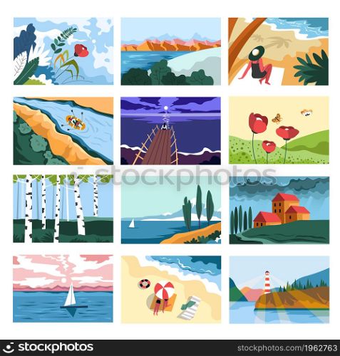 Landscapes of parks, forests and seasides, valley and lakes in summer season. Woman resting by sea or ocean, character sitting on pier under full moon. Poppy and blooming flora. Vector in flat style. Summer landscapes and sandy hot beaches vacation