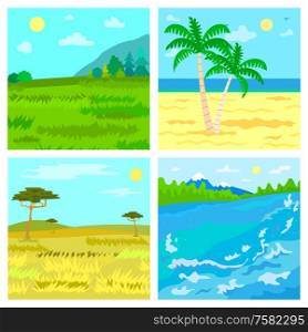 Landscapes, savannah and river, steppe and beach, traveling vector. Meadow and sea shore, African desert and forest with mountains, wild nature views. Steppe and Beach, Savannah and River, Traveling