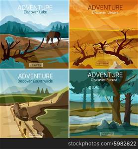Landscapes travel 4 flat icons square. Wild nature landscapes 4 flat icons composition banner set with countryside forest lake abstract isolated vector illustration