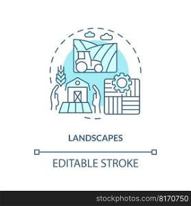 Landscapes turquoise concept icon. Biodiversity care. Agriculture policy objective abstract idea thin line illustration. Isolated outline drawing. Editable stroke. Arial, Myriad Pro-Bold fonts used. Landscapes turquoise concept icon