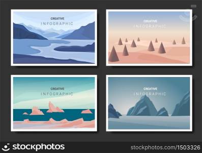 Landscapes vector set, flat style. Natural wallpapers are a minimalist, polygonal concept.