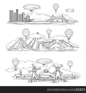 Landscapes with hot air balloons parade. Hand drawn urban country and mountain landscapes with hot air balloons and airships parade. Vector illustration