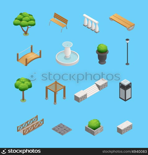 Landscaping Isometric Elements. Landscaping isometric elements for garden and park design with plants trees and objects isolated on blue background vector illustration