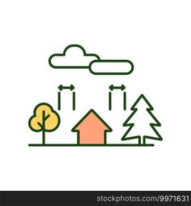 Landscaping RGB color icon. Farmland planning. Planting trees near farm home. Rural country environment. House in countryside. Biophilic design for outdoors. Isolated vector illustration. Landscaping RGB color icon