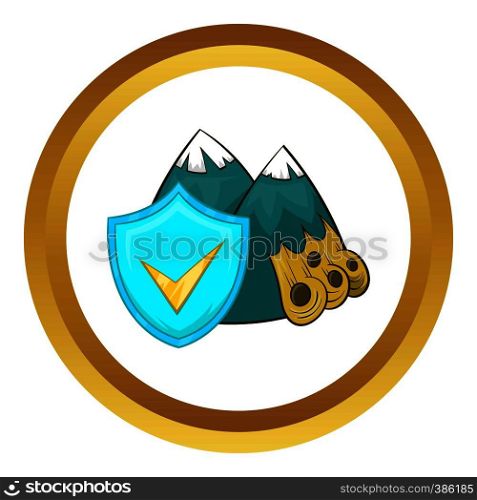 Landslide and sky blue shield with tick vector icon in golden circle, cartoon style isolated on white background. Landslide and blue shield with tick vector icon