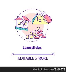 Landslides concept icon. Down slope mass of rocks. Impact on environment abstract idea thin line illustration. Isolated outline drawing. Editable stroke. Roboto-Medium, Myriad Pro-Bold fonts used. Landslides concept icon