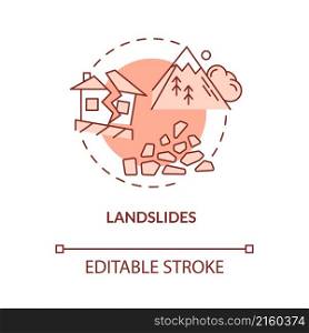 Landslides red concept icon. Down slope mass of rocks. Impact on environment abstract idea thin line illustration. Isolated outline drawing. Editable stroke. Roboto-Medium, Myriad Pro-Bold fonts used. Landslides red concept icon