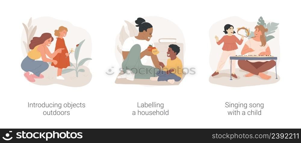 Language and speaking development isolated cartoon vector illustration set. Introducing objects outdoors, labelling a household, singing song with a child, homebased daycare vector cartoon.. Language and speaking development isolated cartoon vector illustration set.