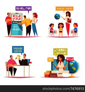 Language center concept 4 flat cartoon compositions with online training dictionaries and children group course vector illustration