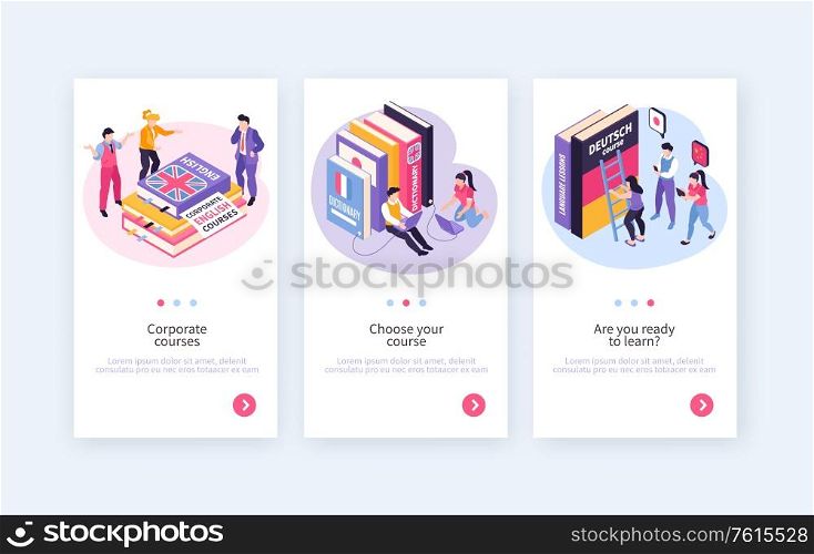 Language center courses 3 advertising vertical web banners with corporate training program level intensity choice vector illustration