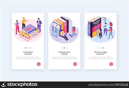 Language center courses 3 advertising vertical web banners with corporate training program level intensity choice vector illustration