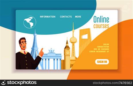 Language center online courses info flat web concept banner with big ben eiffel tower symbols vector illustration