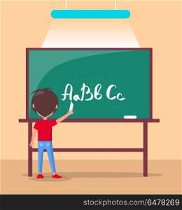 Language Class in Primary School Vector Banner.. Language class in primary school banner. Boy studies alphabet at lesson, pupil writes ABC on blackboard by chalk in classroom