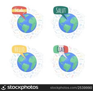 Language communities 2D vector isolated illustration set. Flat objects on cartoon background. Colourful scene collection for mobile, website, presentation. Amatic SC, Pacifico Regular fonts used. Language communities 2D vector isolated illustration set