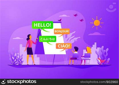 Language courses, classes teacher, native speaker. Kids speaking club. Language learning camp, summer language program, learn foreign languages concept. Vector isolated concept creative illustration. Language learning camp concept vector illustration