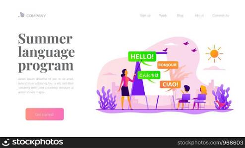 Language courses, classes teacher, native speaker. Kids speaking club. Language learning camp, summer language program, learn foreign languages concept. Website homepage header landing web page template.. Language learning camp landing page template