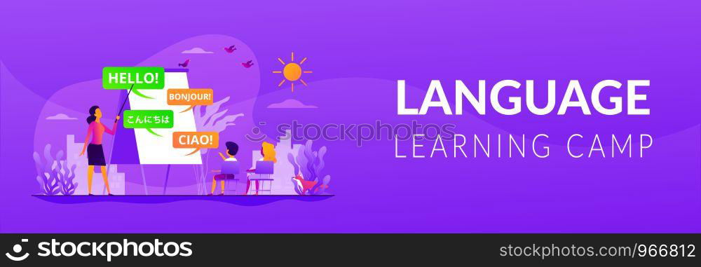 Language courses, classes teacher, native speaker. Kids speaking club. Language learning camp, summer language program, learn foreign languages concept. Header or footer banner template with copy space.. Language learning camp web banner concept