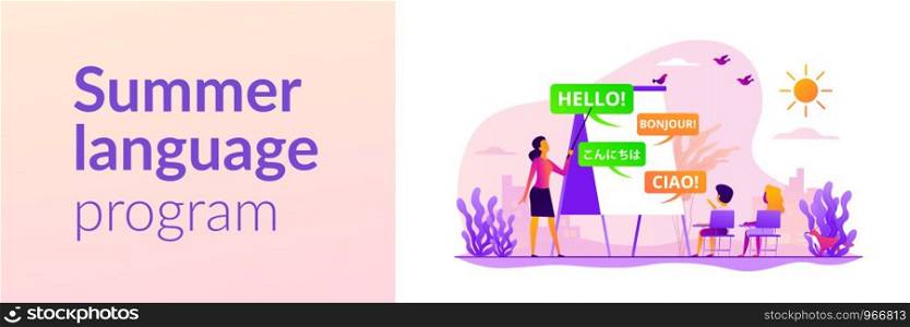 Language courses, classes teacher, native speaker. Kids speaking club. Language learning camp, summer language program, learn foreign languages concept. Header or footer banner template with copy space.. Language learning camp web banner concept