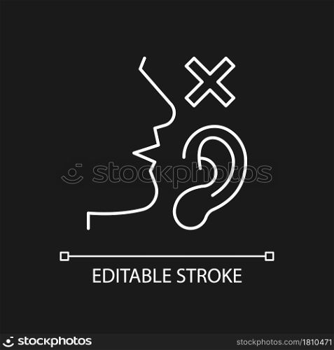 Language disabilities white linear icon for dark theme. Physiological barriers to communication. Thin line customizable illustration. Isolated vector contour symbol for night mode. Editable stroke. Language disabilities white linear icon for dark theme