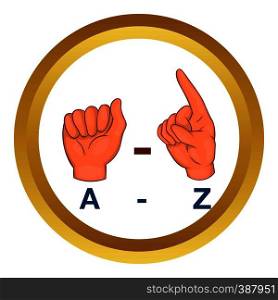 Language hand sign vector icon in golden circle, cartoon style isolated on white background. Language hand sign vector icon