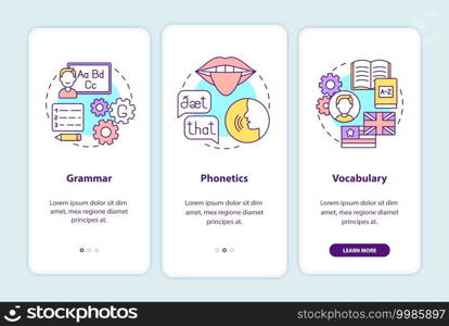 Language learning categories onboarding mobile app page screen with concepts. Grammar, phonetics, vocabulary walkthrough 3 steps graphic instructions. UI vector template with RGB color illustrations. Language learning categories onboarding mobile app page screen with concepts