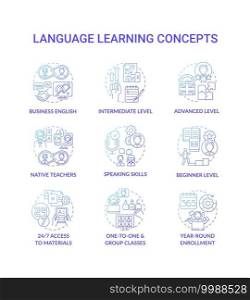 Language learning concept icons set. Language acquisition idea thin line RGB color illustrations. One-to-one classes. Group courses. Enrollment. Advanced level. Vector isolated outline drawings. Language learning concept icons set
