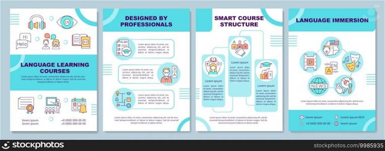 Language learning courses brochure template. Professionals teaching. Flyer, booklet, leaflet print, cover design with linear icons. Vector layouts for magazines, annual reports, advertising posters. Language learning courses brochure template