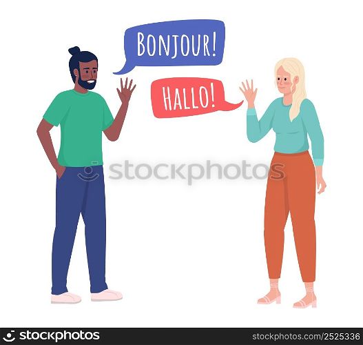 Language learning friends semi flat color vector characters. Standing figures. Conversation exchange imple cartoon style illustration for web graphic design and animation. Amatic SC font used. Language learning friends semi flat color vector characters