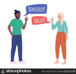 Language learning friends semi flat color vector characters. Standing figures. Conversation exchange imple cartoon style illustration for web graphic design and animation. Amatic SC font used. Language learning friends semi flat color vector characters
