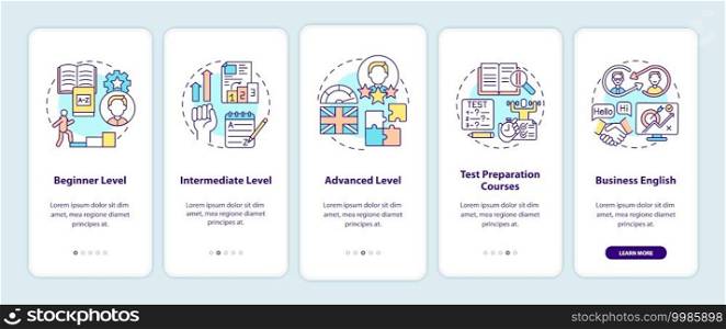 Language learning levels onboarding mobile app page screen with concepts. Beginner, intermediate, advanced walkthrough 5 steps graphic instructions. UI vector template with RGB color illustrations. Language learning levels onboarding mobile app page screen with concepts