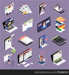 Language learning online isometric set with electronic library app virtual classroom personal tutor on screen vector illustration