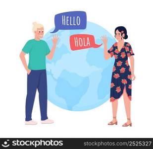 Language partnership 2D vector isolated illustration. Native speakers flat characters on cartoon background. Studying together colourful scene for mobile, website, presentation. Amatic SC font used. Language partnership 2D vector isolated illustration