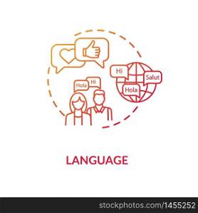Language red gradient concept icon. Chat with native speaker. Translate speech. Foreign language. Cultural diversity idea thin line illustration. Vector isolated outline RGB color drawing. Language red gradient concept icon