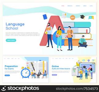 Language school, preparation for exams students with exams vector. Lessons online audio and video classes with help of laptop and modern techniques. Language School, Preparation for Exams Students
