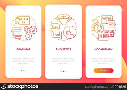 Language studying categories onboarding mobile app page screen with concepts. Grammar, wordstock walkthrough 3 steps graphic instructions. UI vector template with RGB color illustrations. Language studying categories onboarding mobile app page screen with concepts