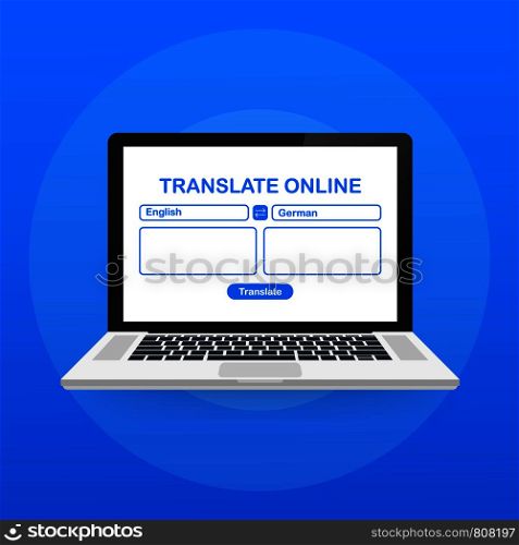 Language translation color icon. Online translator. Spell check. Computer screen with text translating app. Vector stock illustration.