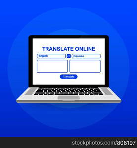 Language translation color icon. Online translator. Spell check. Computer screen with text translating app. Vector stock illustration.