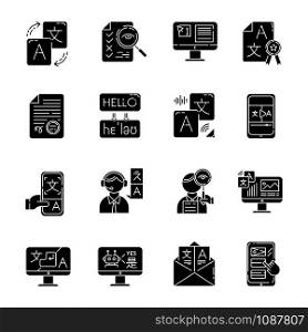Language translation service glyph icons set. Instant translation. Audio, video interpretation. Multilingual app, chatbot. Transcription, proofreading. Silhouette symbols. Vector isolated illustration