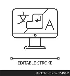 Language translation service linear icon. Desktop online dictionary. Instant machine translator application. Thin line illustration. Contour symbol. Vector isolated outline drawing. Editable stroke