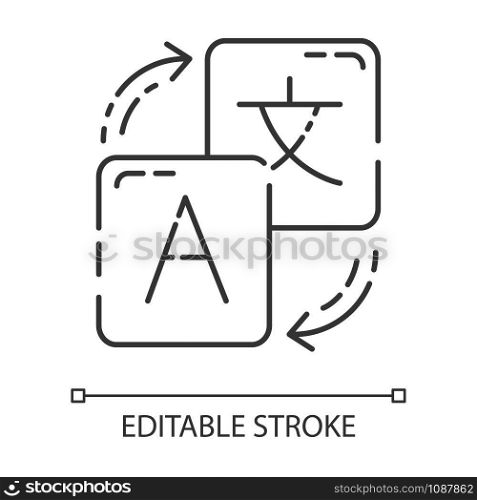 Language translation service linear icon. Instant translator. Automated interpretation tool. Online dictionary. Thin line illustration. Contour symbol. Vector isolated outline drawing. Editable stroke