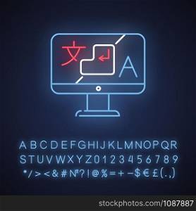 Language translation service neon light icon. Desktop online dictionary. Instant machine translator application. Glowing sign with alphabet, numbers and symbols. Vector isolated illustration